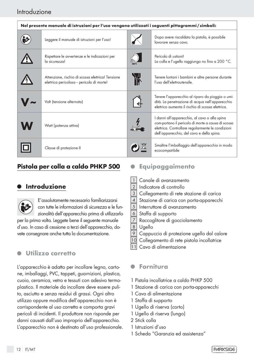 Kompernass KH 3119 manual Introduzione, Pistola per colla a caldo Phkp, Equipaggaimento, Utilizzo corretto, Fornitura 