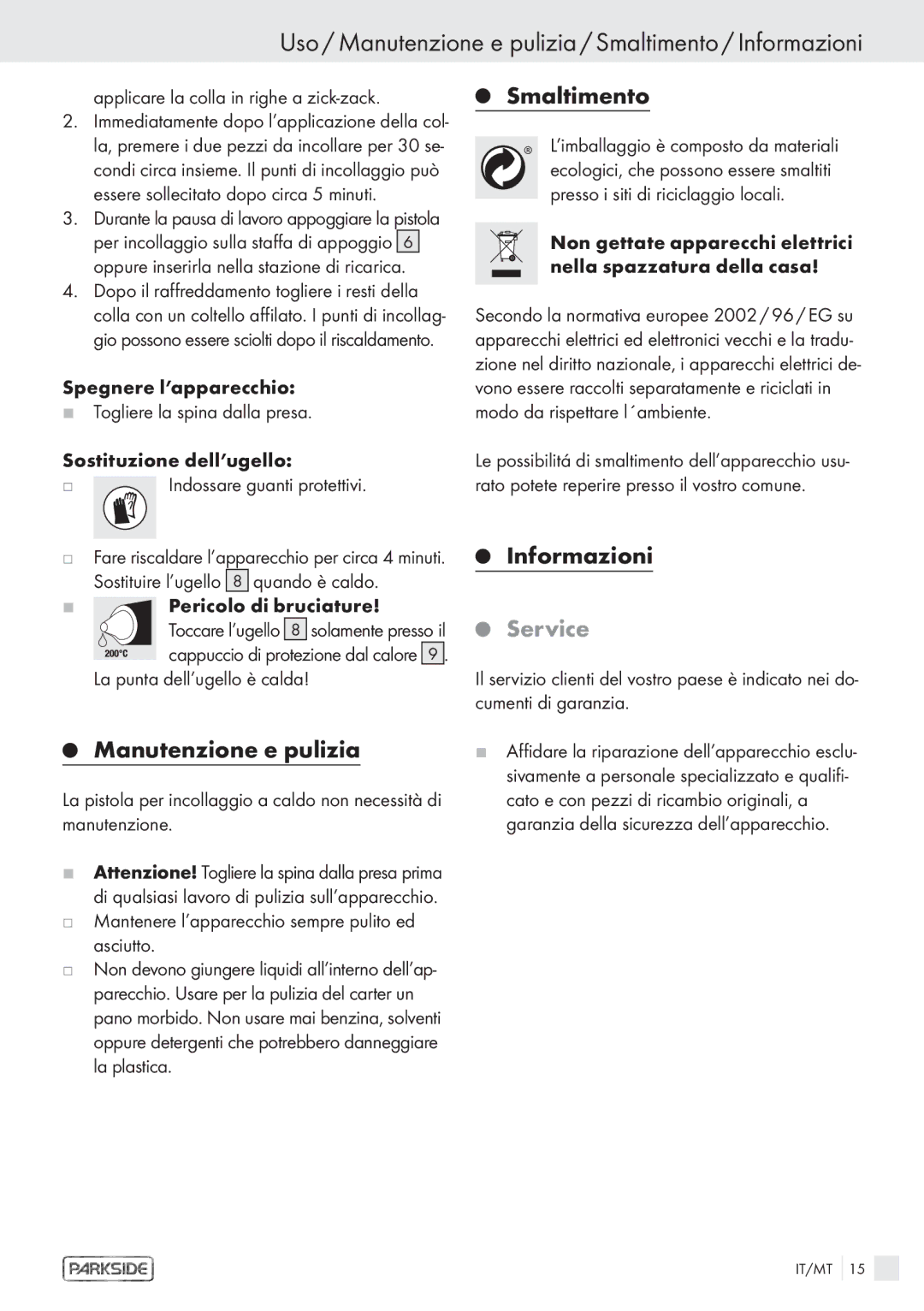 Kompernass KH 3119 manual Uso / Manutenzione e pulizia / Smaltimento / Informazioni, Service 