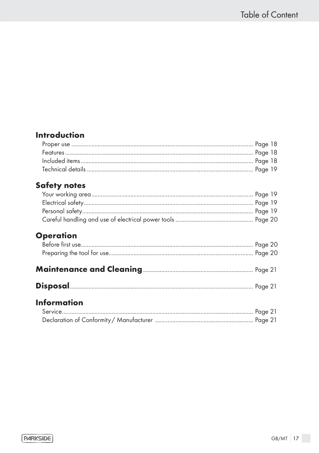 Kompernass KH 3119 manual Table of Content, Introduction, Safety notes, Operation, Information 