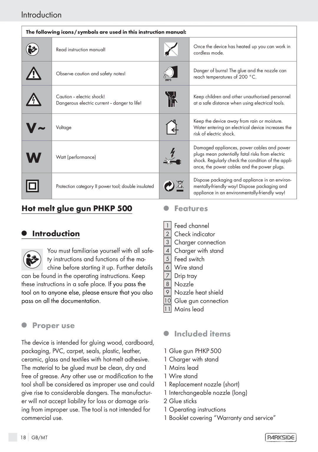 Kompernass KH 3119 manual Introduction, Hot melt glue gun Phkp, Features, Proper use Included items 