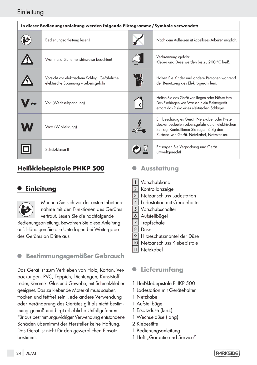 Kompernass KH 3119 manual Einleitung, Heißklebepistole Phkp, Ausstattung, Bestimmungsgemäßer Gebrauch, Lieferumfang 