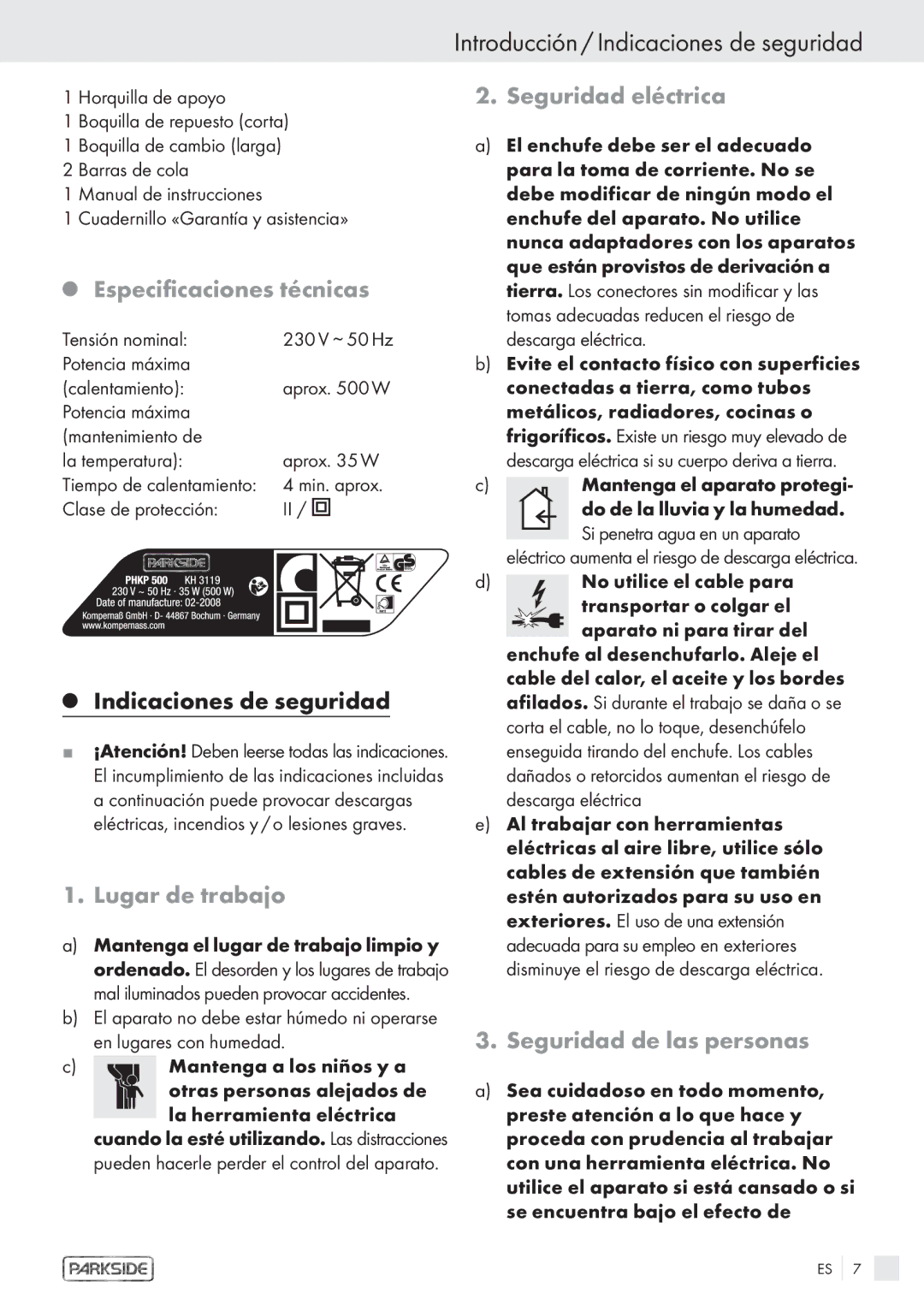 Kompernass KH 3119 manual Introducción / Indicaciones de seguridad, Especificaciones técnicas, Lugar de trabajo 