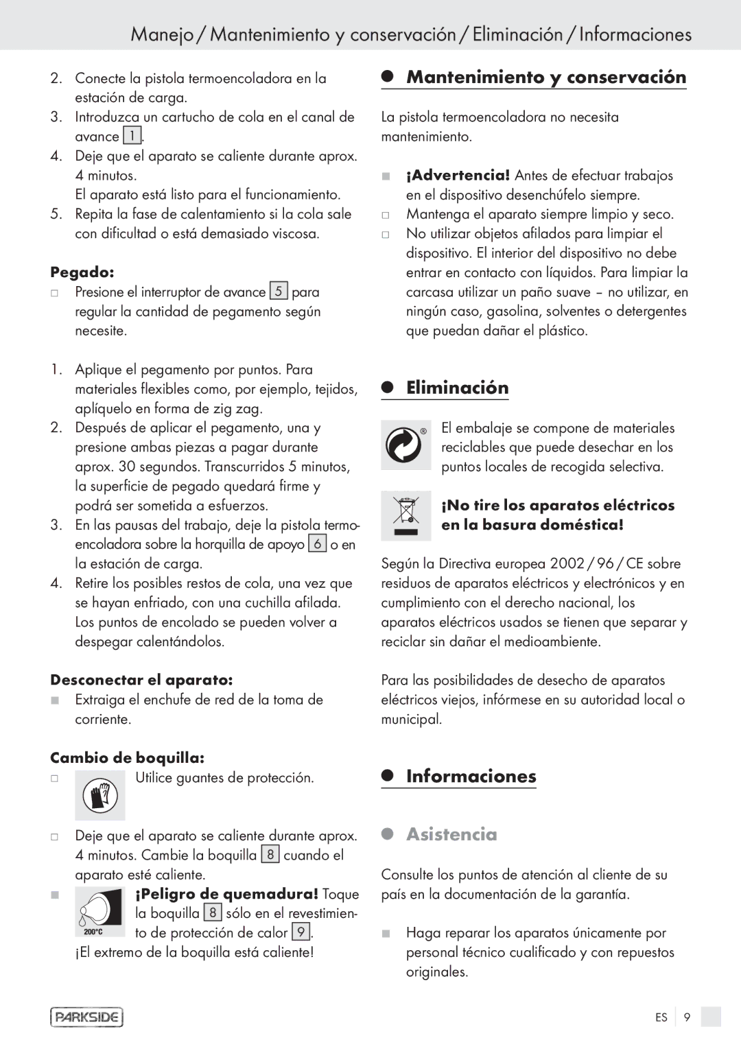 Kompernass KH 3119 manual Mantenimiento y conservación, Eliminación, Asistencia, ¡Peligro de quemadura! Toque 