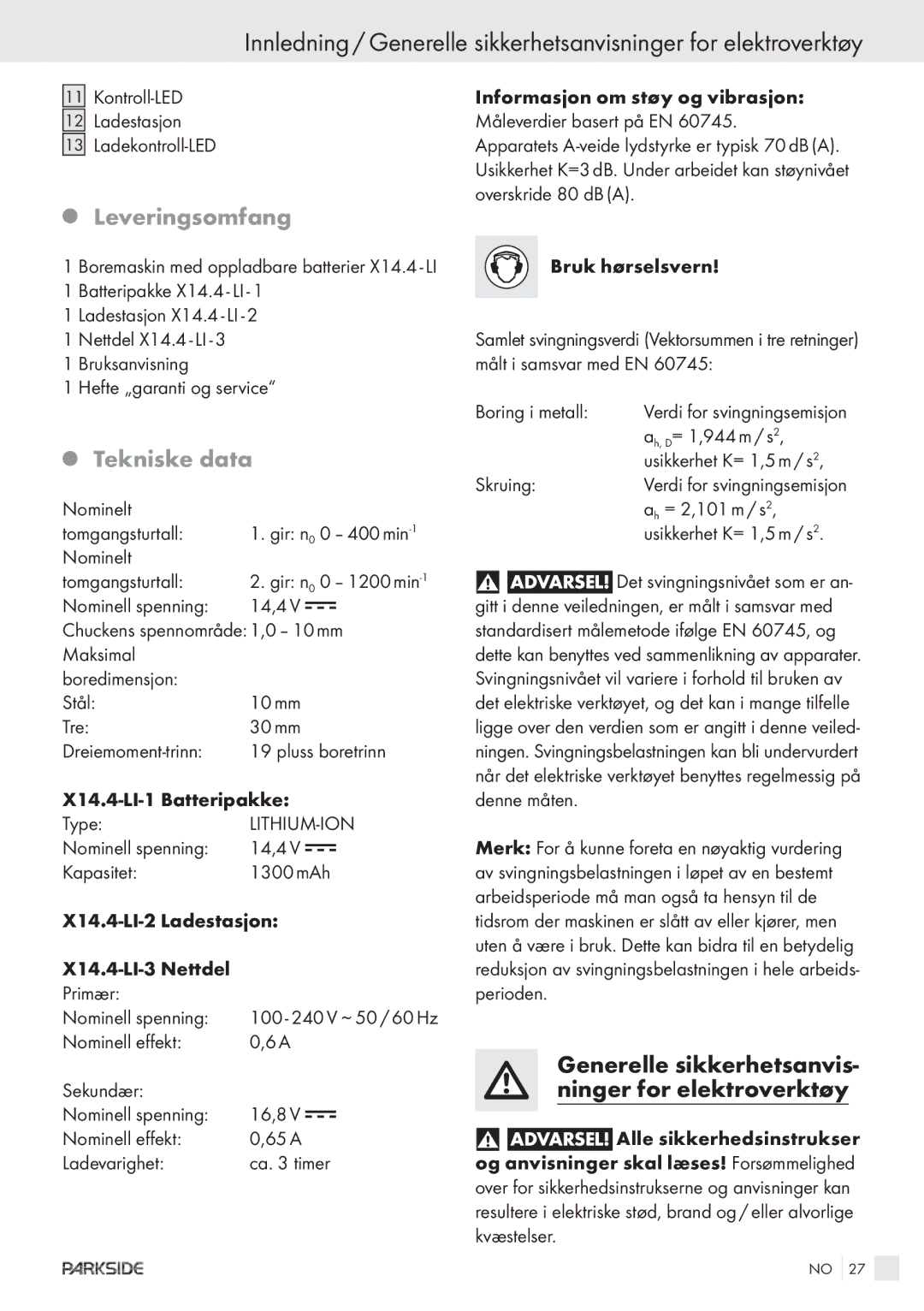 Kompernass KH 3188 manual Leveringsomfang, Generelle sikkerhetsanvis- ninger for elektroverktøy 