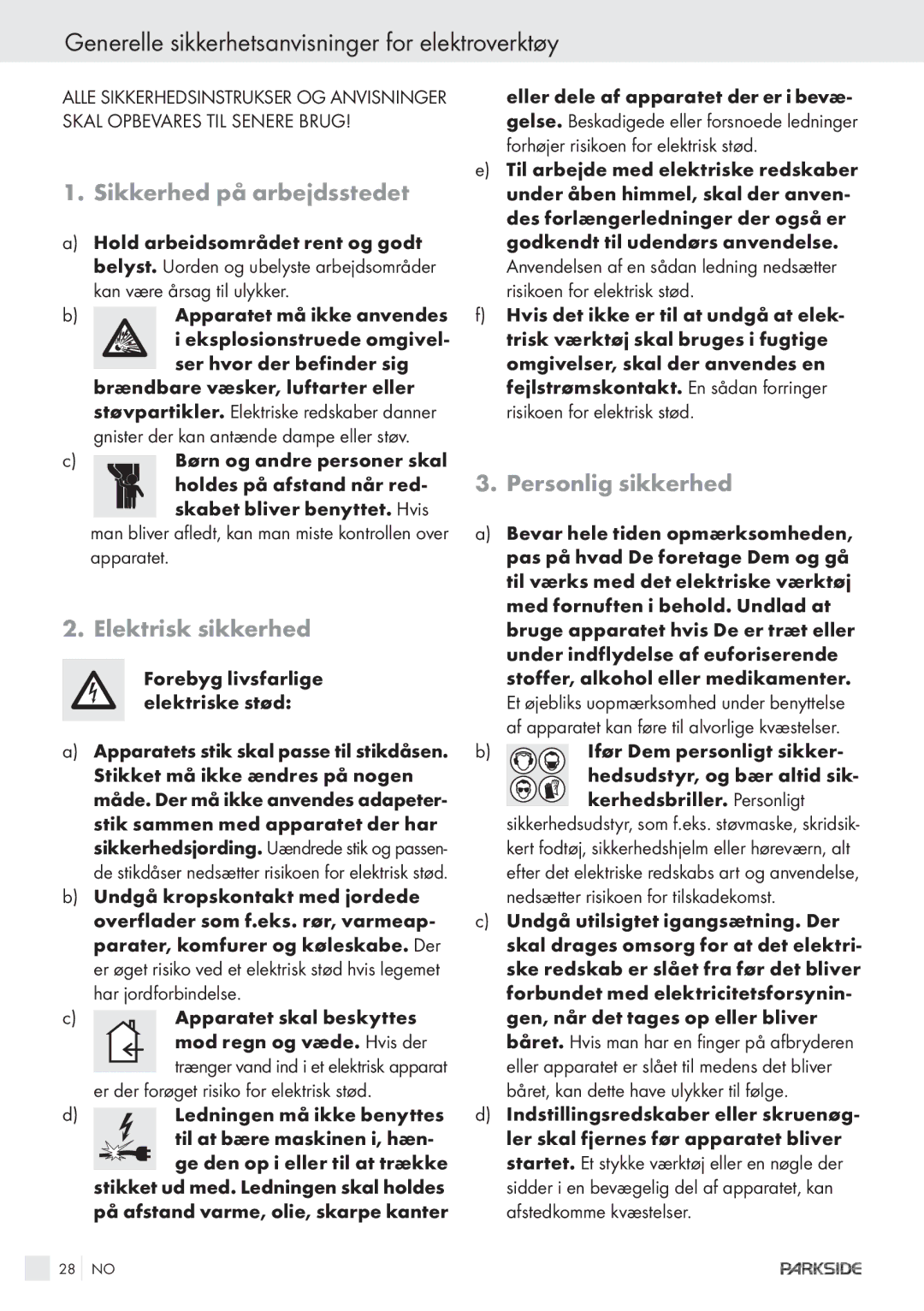 Kompernass KH 3188 manual  Generelle sikkerhetsanvisninger for elektroverktøy, Sikkerhed på arbejdsstedet 