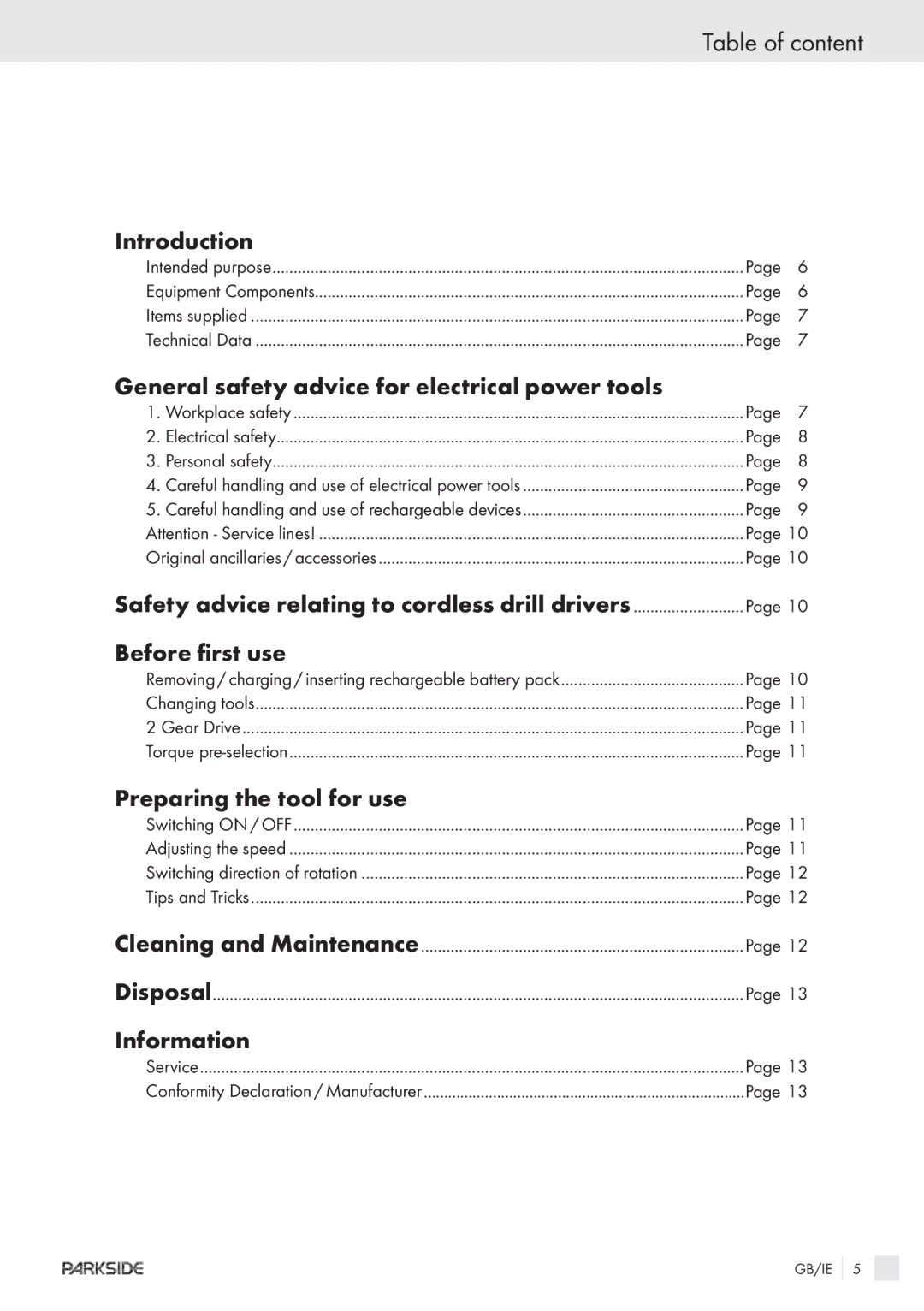 Kompernass KH 3188 manual Table of content, Introduction, General safety advice for electrical power tools, Information 