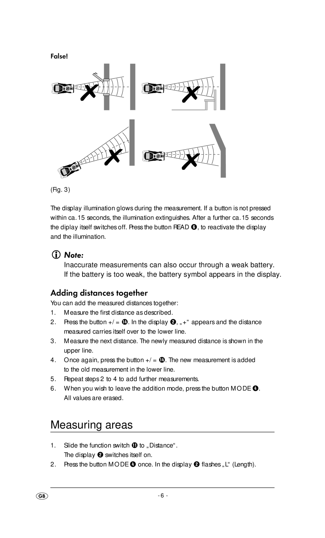 Kompernass KH 3236 manual Measuring areas, Adding distances together 