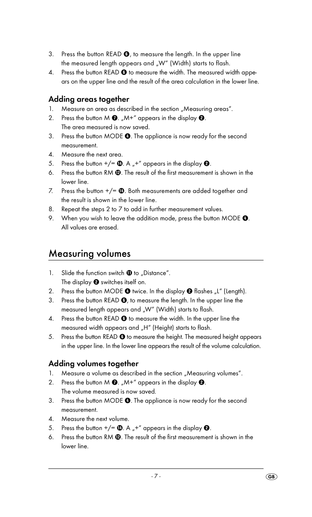 Kompernass KH 3236 manual Measuring volumes, Adding areas together, Adding volumes together 