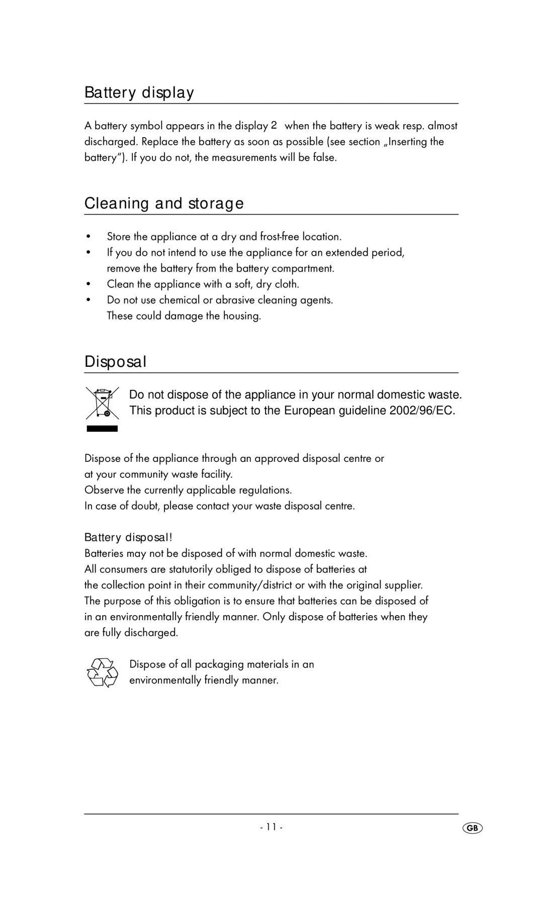 Kompernass KH 3236 Battery display, Cleaning and storage, Disposal, Store the appliance at a dry and frost-free location 