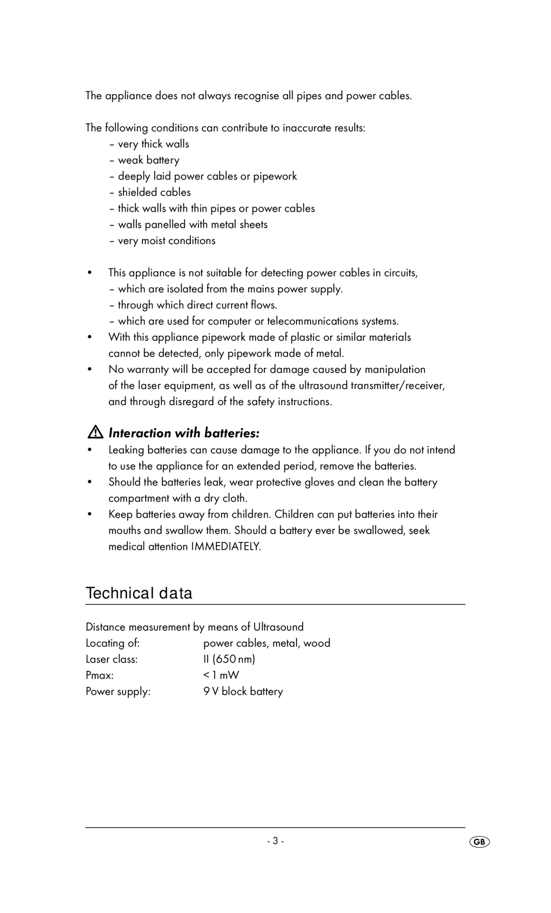 Kompernass KH 3236 manual Technical data, Interaction with batteries, Distance measurement by means of Ultrasound Locating 