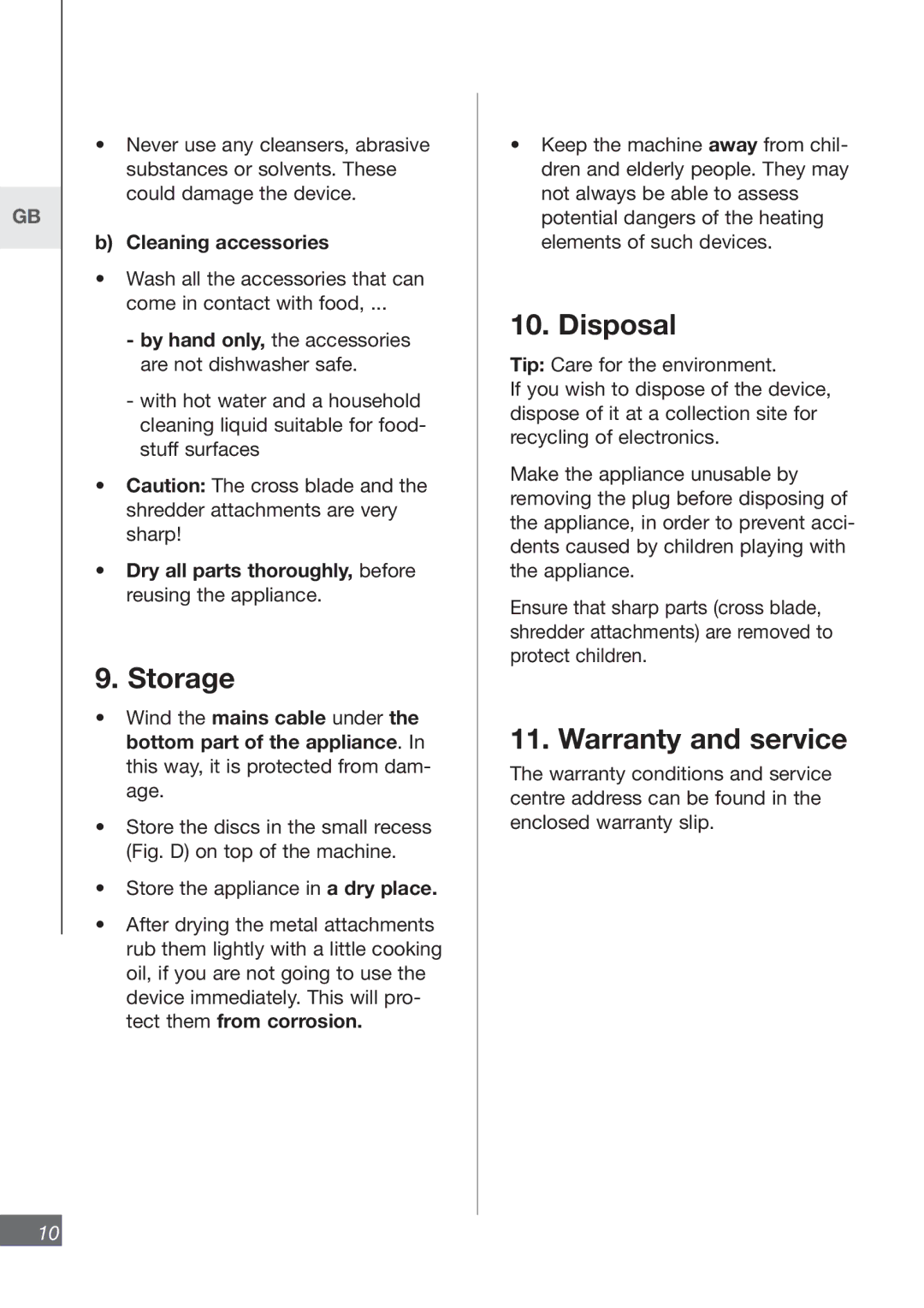 Kompernass KH 3460 manual Storage, Disposal, Warranty and service, Cleaning accessories 