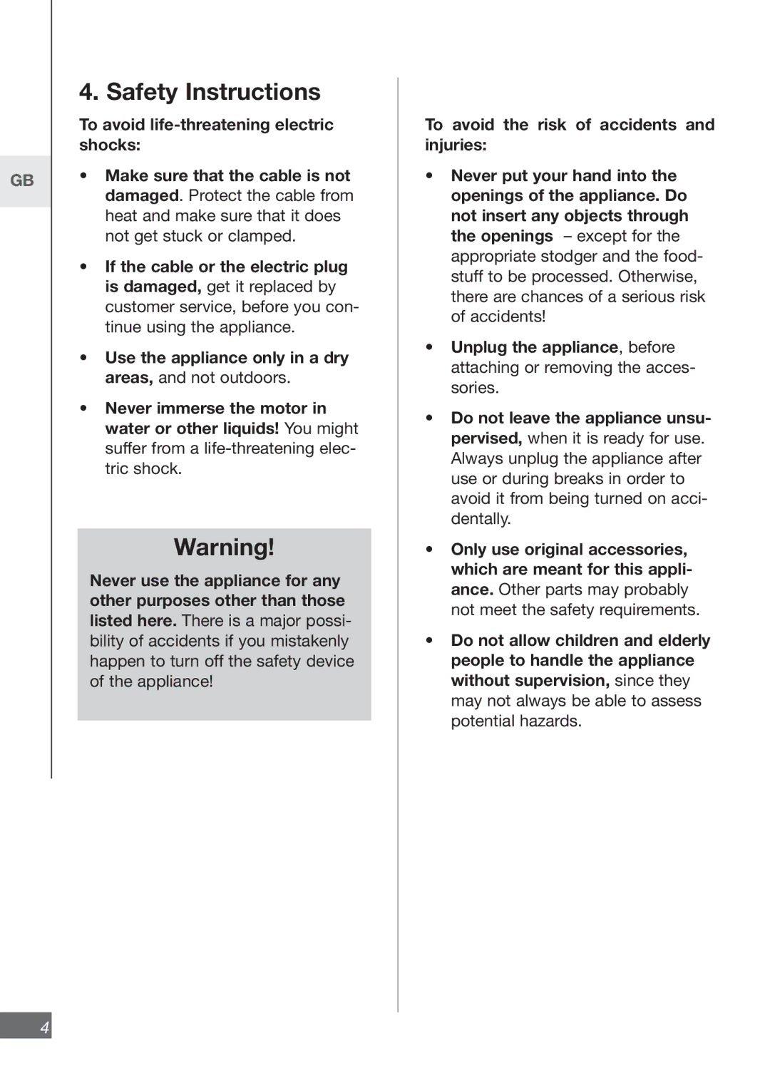 Kompernass KH 3460 manual Safety Instructions 