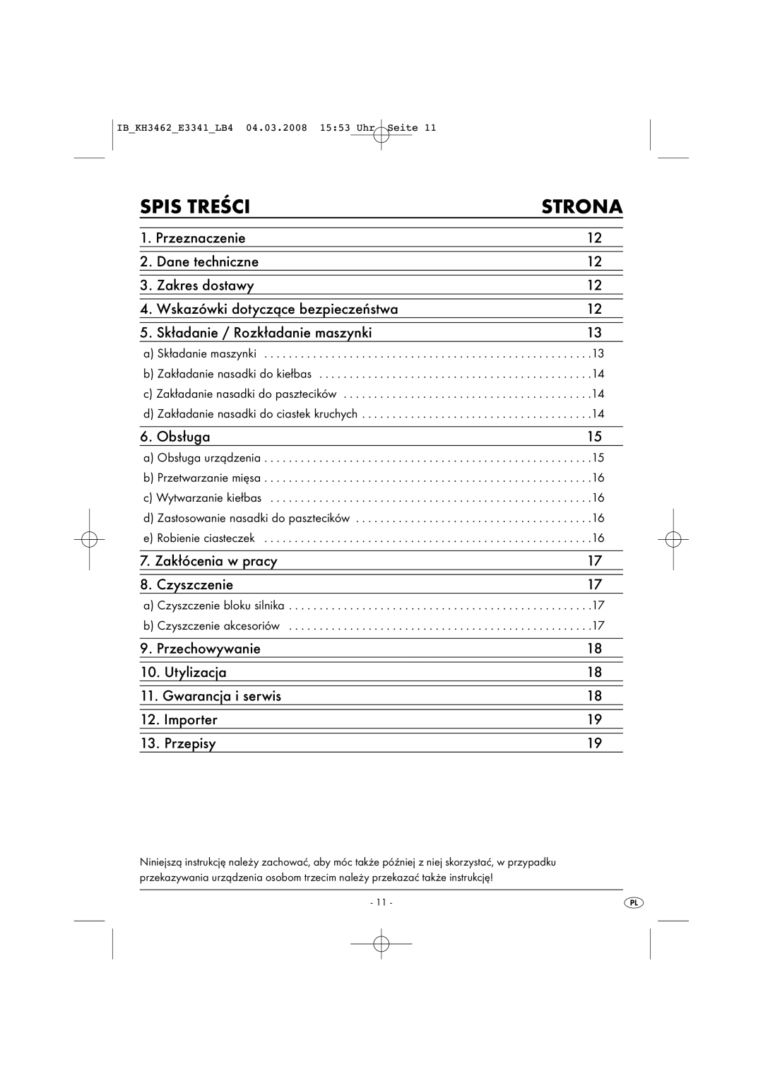 Kompernass KH 3462 operating instructions Spis Treści Strona, Czyszczenie bloku silnika Czyszczenie akcesoriów 