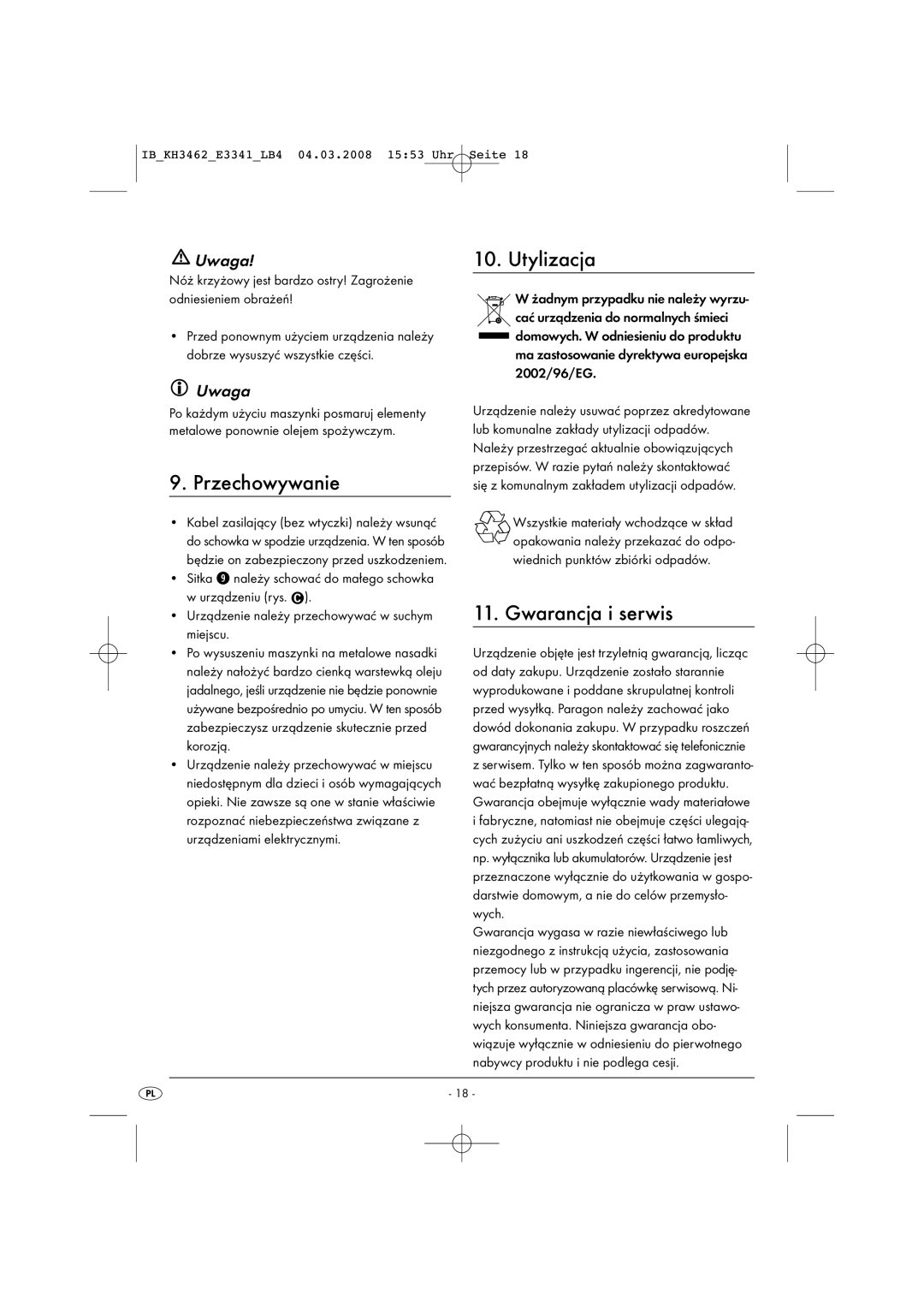 Kompernass KH 3462 operating instructions Przechowywanie, Gwarancja i serwis 