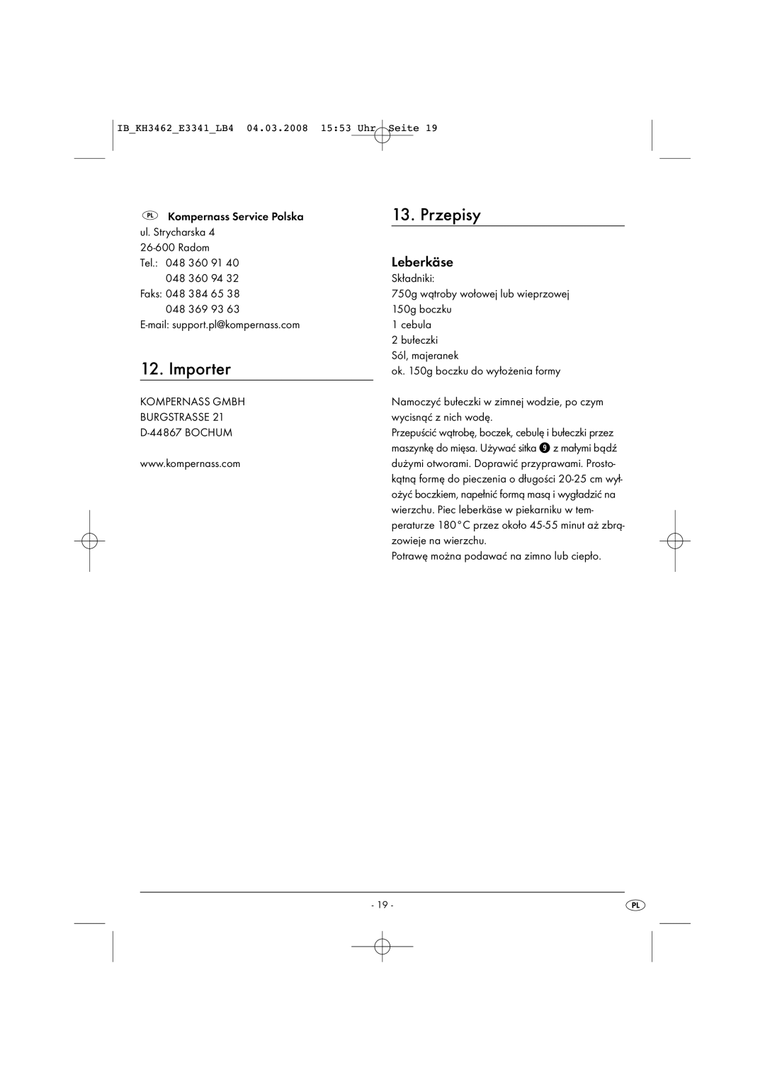 Kompernass KH 3462 operating instructions Przepisy, Leberkäse 