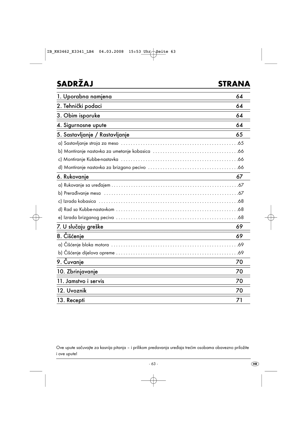 Kompernass KH 3462 operating instructions Sadržaj Strana, Rukovanje 