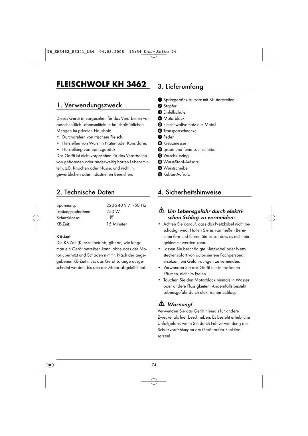 Kompernass KH 3462 Fleischwolf KH, Verwendungszweck, Lieferumfang, Technische Daten, Sicherheitshinweise 