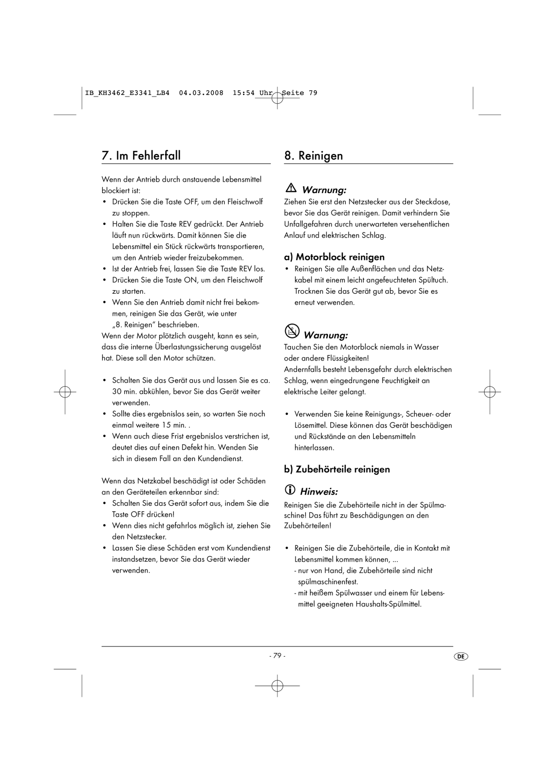 Kompernass KH 3462 operating instructions Im Fehlerfall Reinigen, Motorblock reinigen, Zubehörteile reinigen 