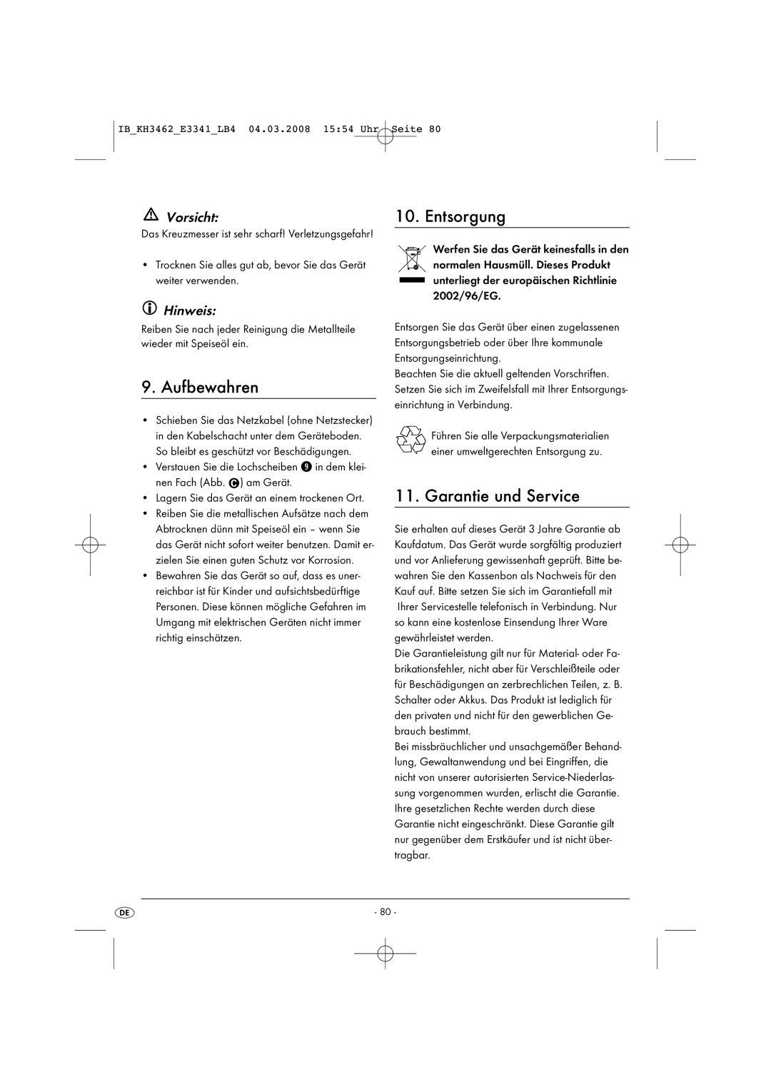 Kompernass KH 3462 operating instructions Entsorgung, Aufbewahren, Garantie und Service, Nen Fach Abb. am Gerät 