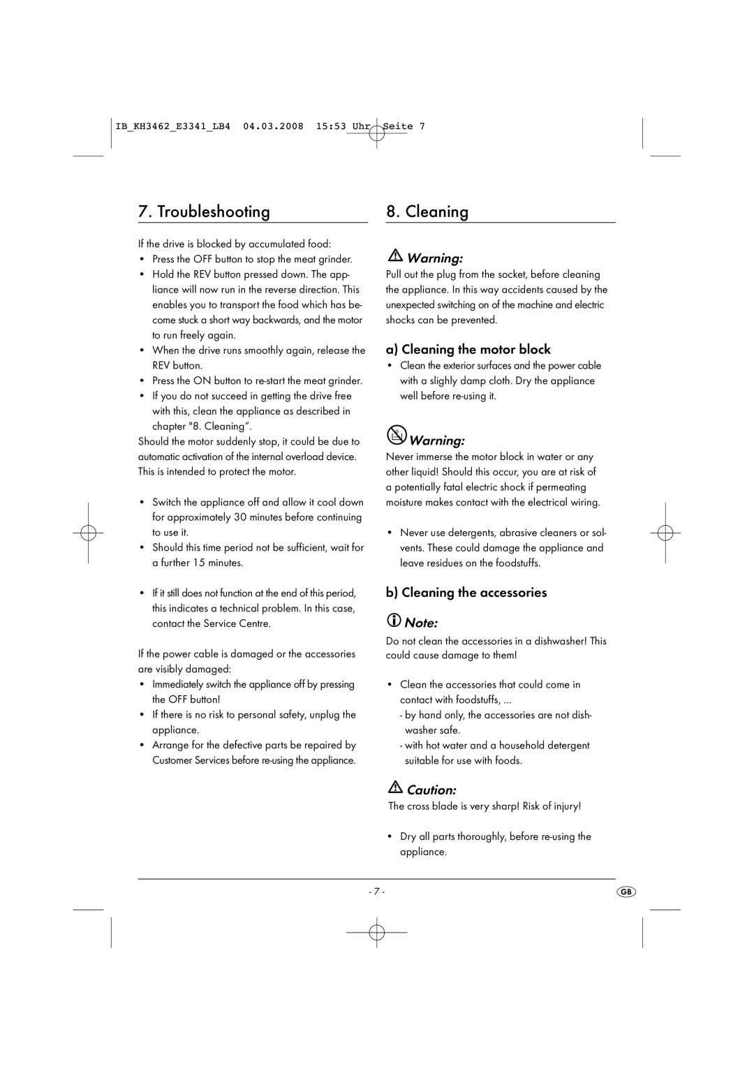 Kompernass KH 3462 operating instructions Troubleshooting Cleaning, Cleaning the motor block, Cleaning the accessories 