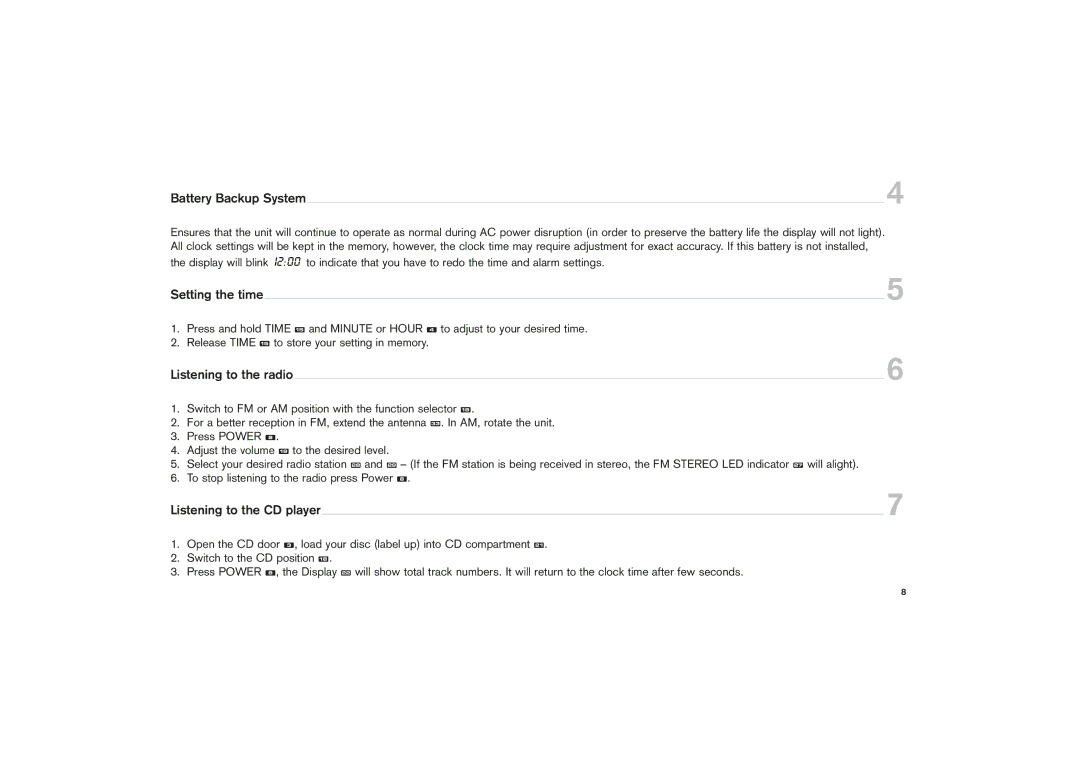 Kompernass KH 380 manual Battery Backup System, Setting the time, Listening to the radio, Listening to the CD player 