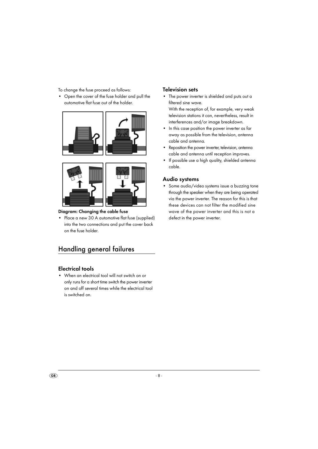 Kompernass KH 3900 manual Handling general failures, Electrical tools, Television sets, Audio systems 