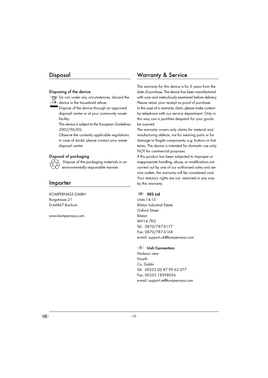 Kompernass KH 3900 manual Disposal Warranty & Service, Importer, Disposing of the device, Disposal of packaging 