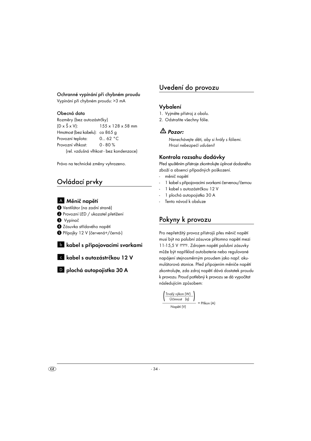 Kompernass KH 3900 manual Ovládací prvky, Uvedení do provozu, Pokyny k provozu 