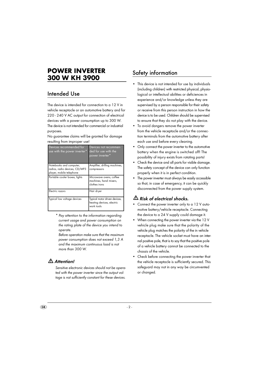 Kompernass KH 3900 manual Intended Use, Safety information, Risk of electrical shocks 