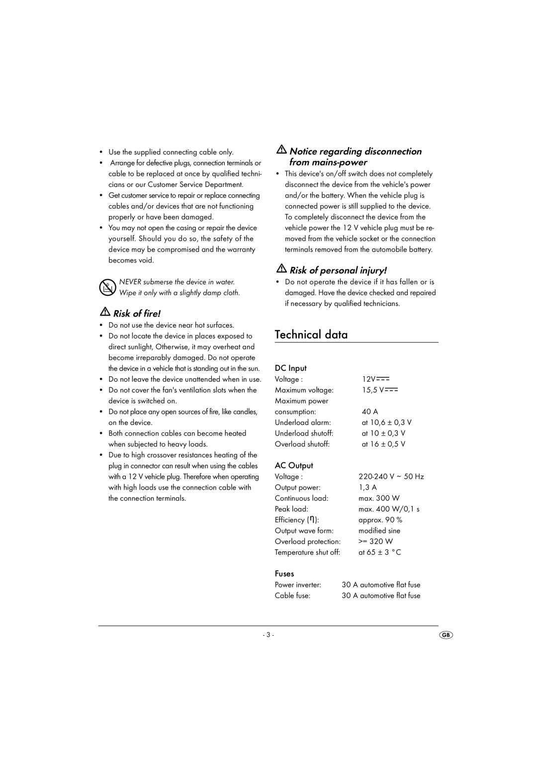 Kompernass KH 3900 manual Technical data, Risk of fire, Risk of personal injury 