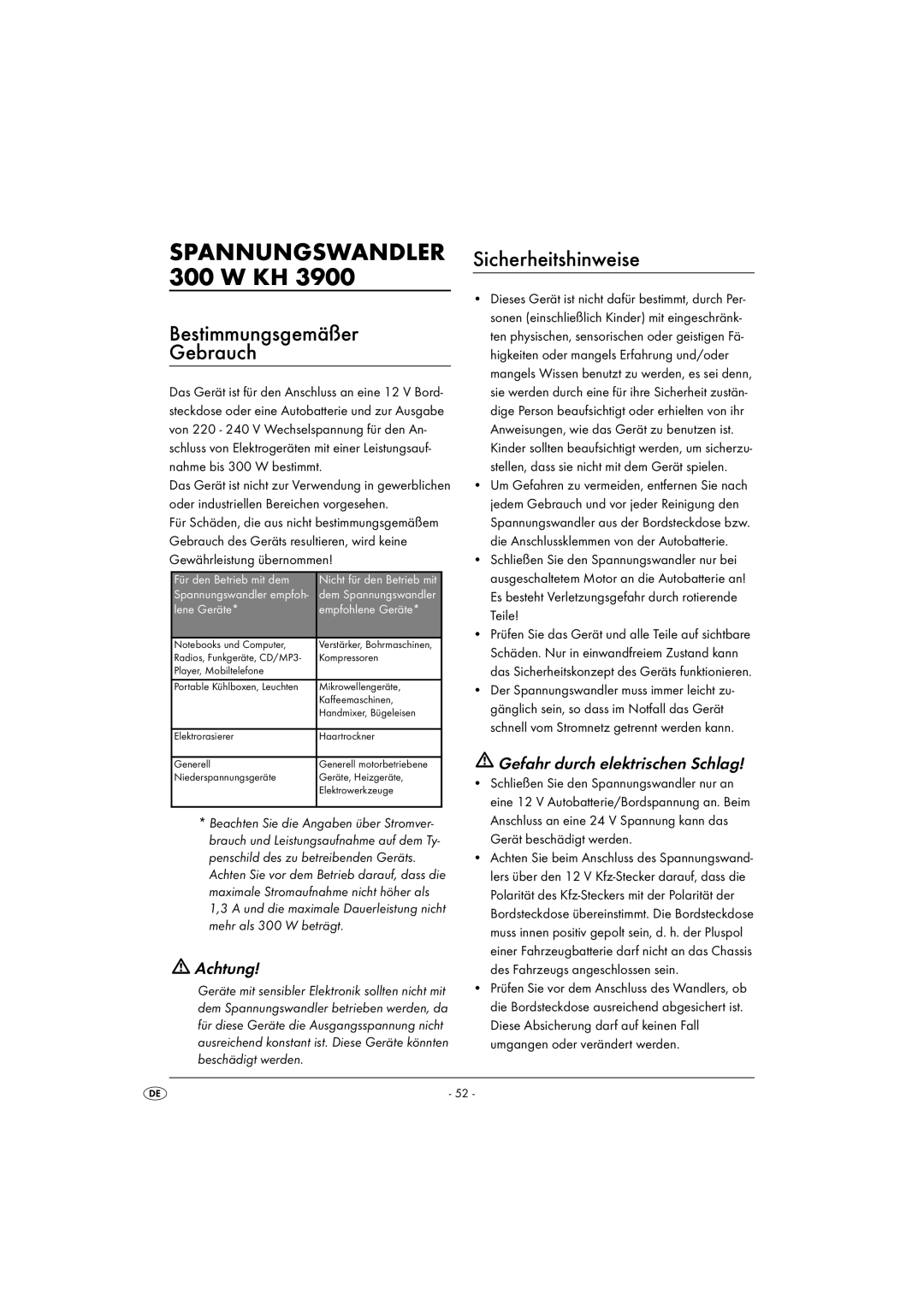 Kompernass KH 3900 manual Spannungswandler 300 W KH, Bestimmungsgemäßer Gebrauch, Sicherheitshinweise, Achtung 