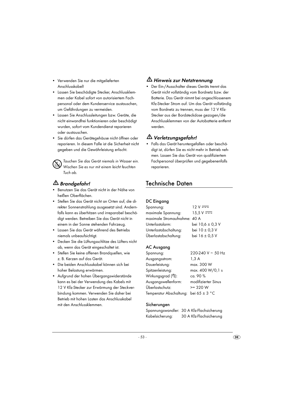 Kompernass KH 3900 manual Technische Daten, Hinweis zur Netztrennung, Verletzungsgefahr, Brandgefahr 