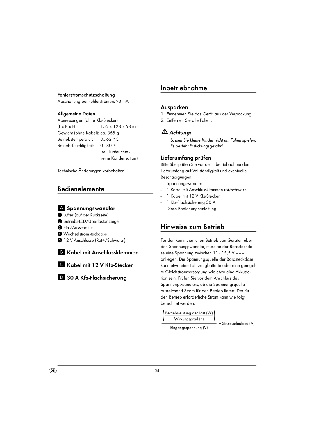 Kompernass KH 3900 manual Inbetriebnahme, Bedienelemente, Hinweise zum Betrieb 