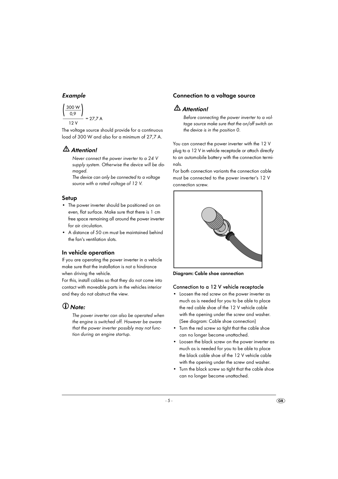 Kompernass KH 3900 manual Example, Connection to a voltage source, Setup, Vehicle operation 