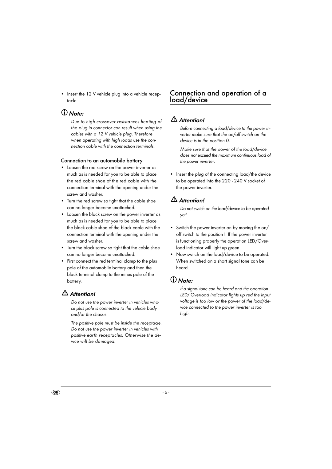 Kompernass KH 3900 manual Connection and operation of a load/device, Connection to an automobile battery 