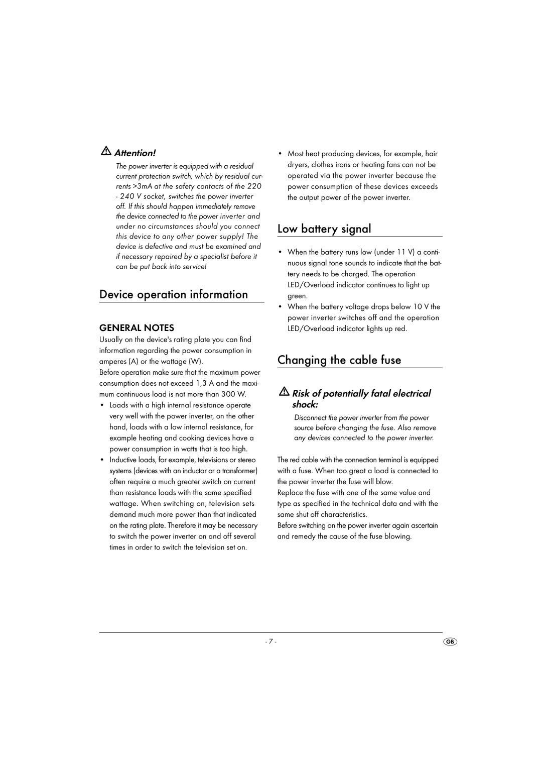 Kompernass KH 3900 manual Device operation information, Low battery signal, Changing the cable fuse 