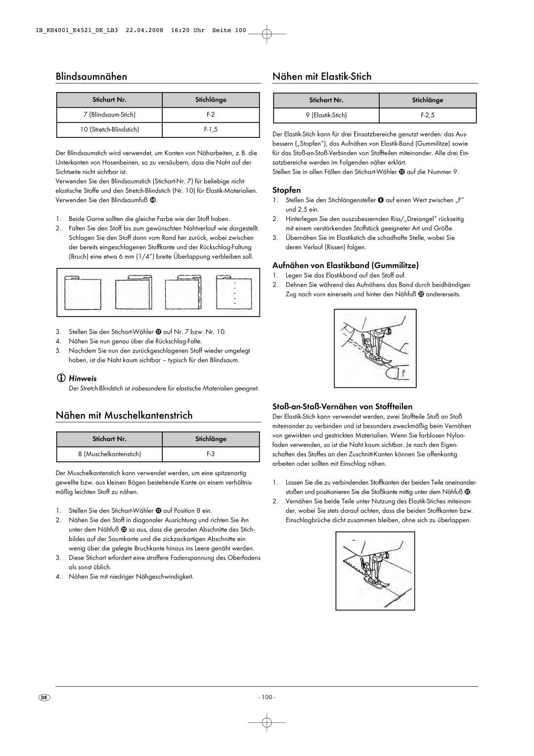 Kompernass KH 4001 manual Blindsaumnähen, Nähen mit Muschelkantenstrich, Nähen mit Elastik-Stich 