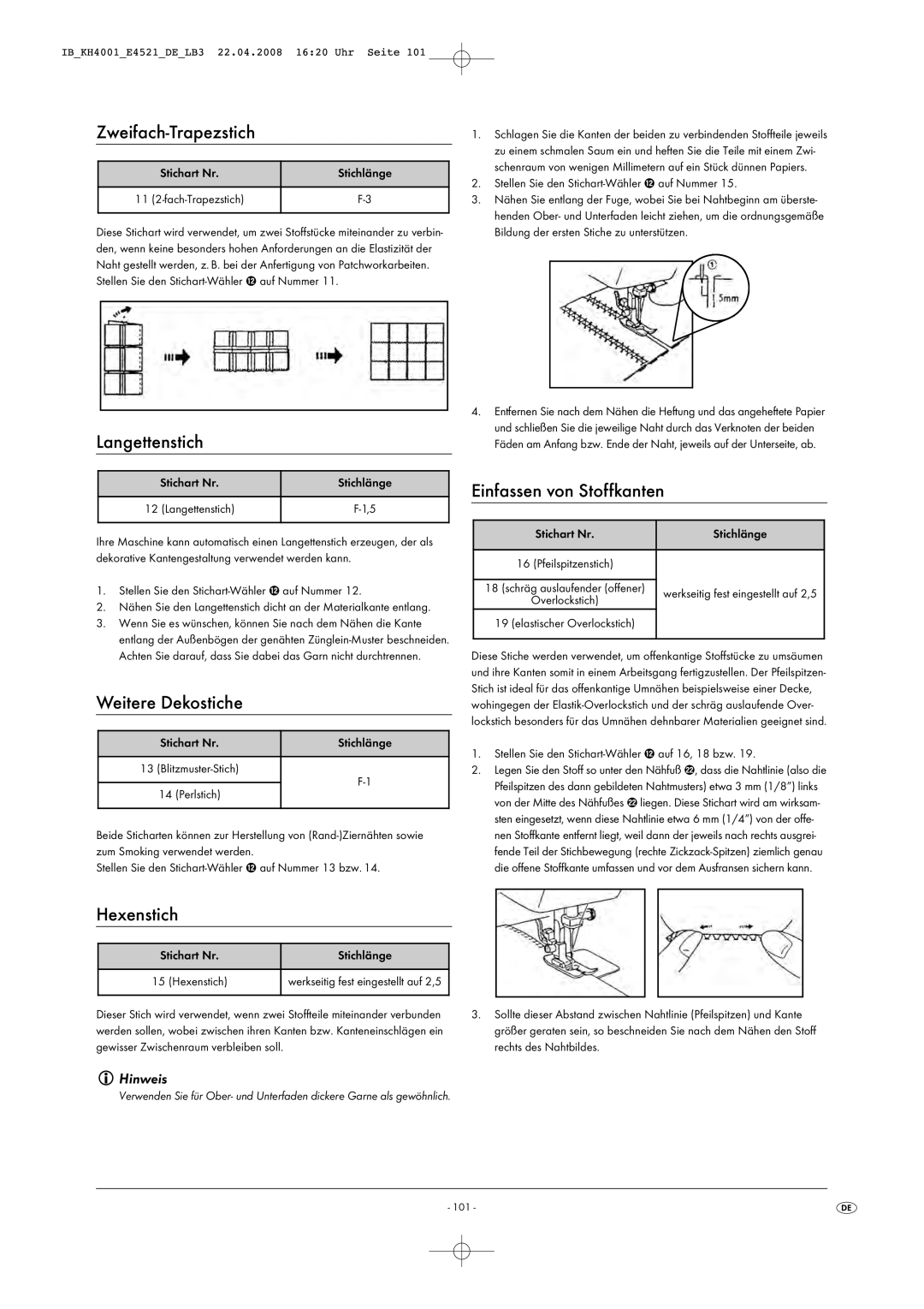 Kompernass KH 4001 manual Zweifach-Trapezstich, Langettenstich, Weitere Dekostiche, Einfassen von Stoffkanten, Hexenstich 