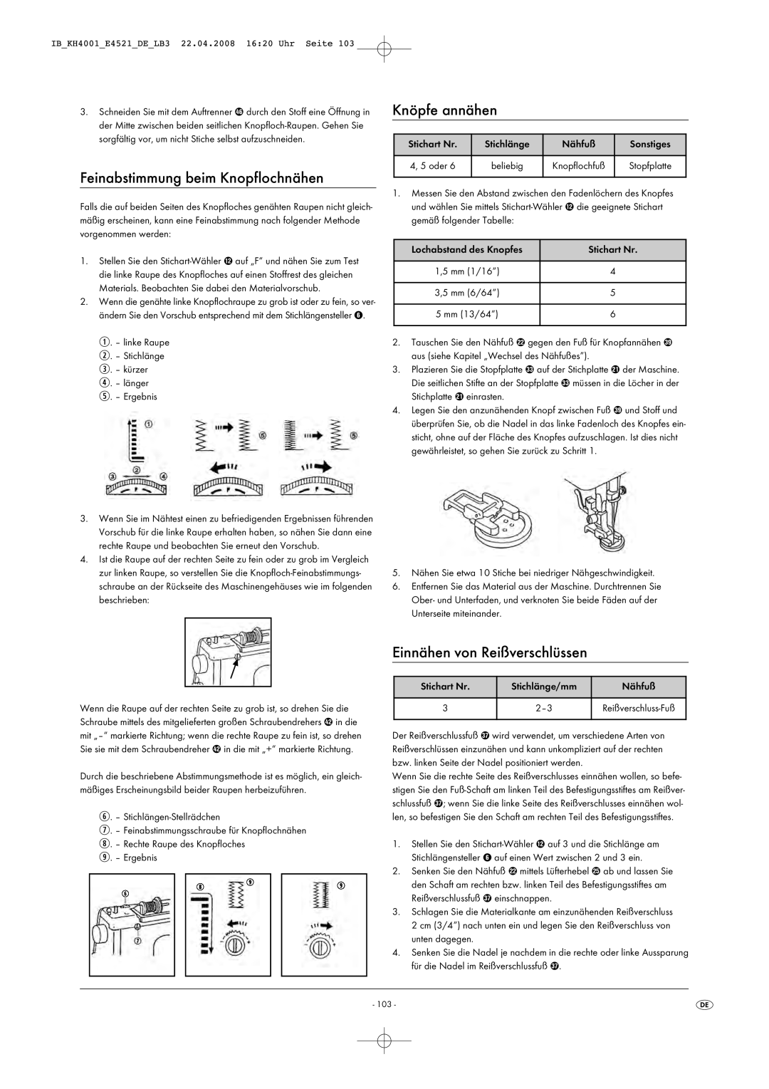 Kompernass KH 4001 manual Feinabstimmung beim Knopflochnähen, Knöpfe annähen, Einnähen von Reißverschlüssen 