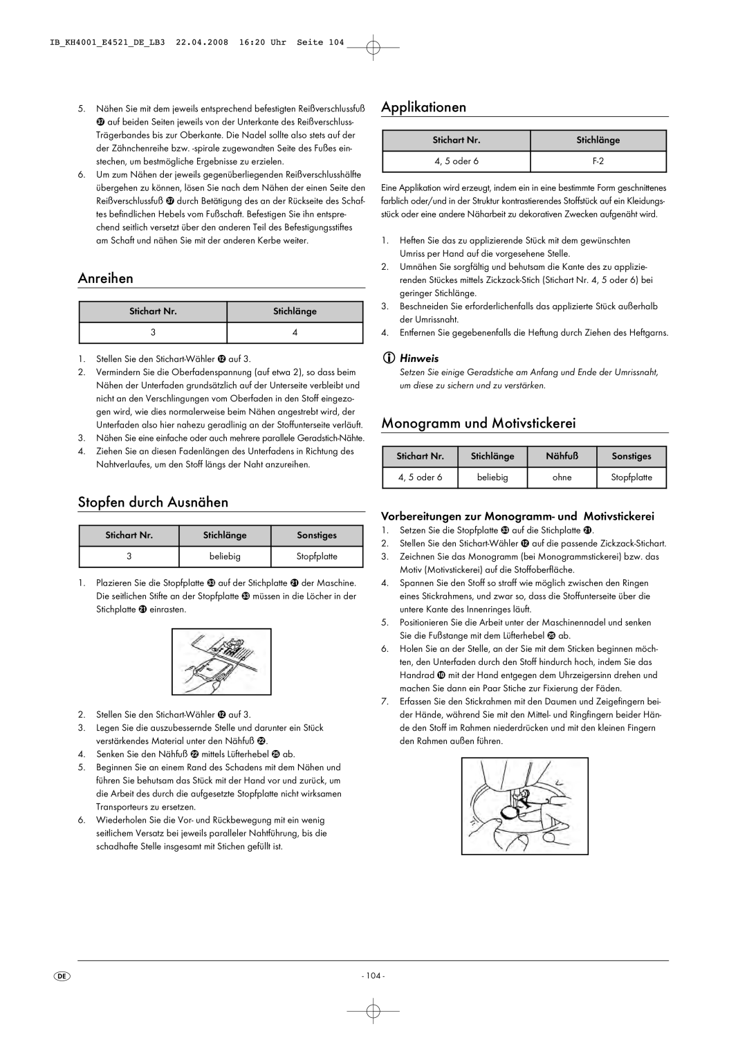 Kompernass KH 4001 manual Anreihen, Stopfen durch Ausnähen, Applikationen, Monogramm und Motivstickerei 