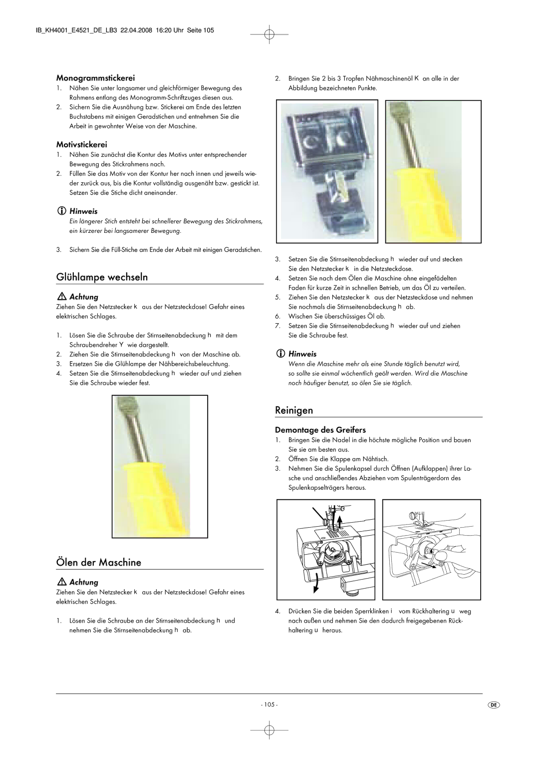 Kompernass KH 4001 manual Glühlampe wechseln, Reinigen, Ölen der Maschine 