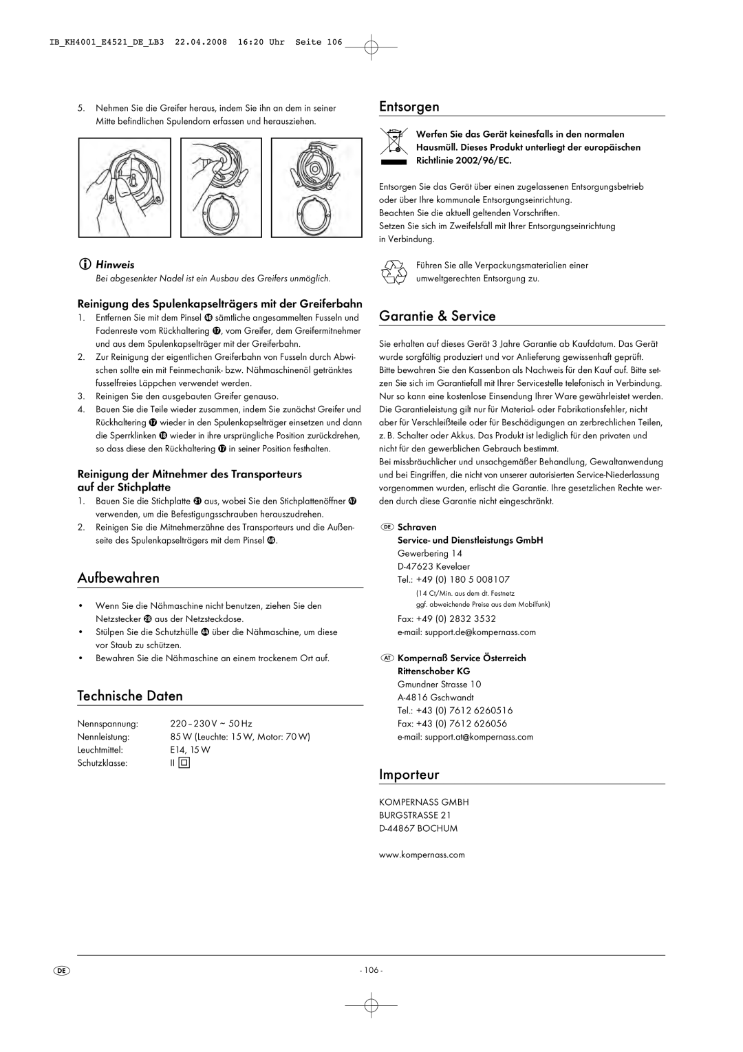 Kompernass KH 4001 manual Aufbewahren, Technische Daten, Entsorgen, Garantie & Service, Importeur 