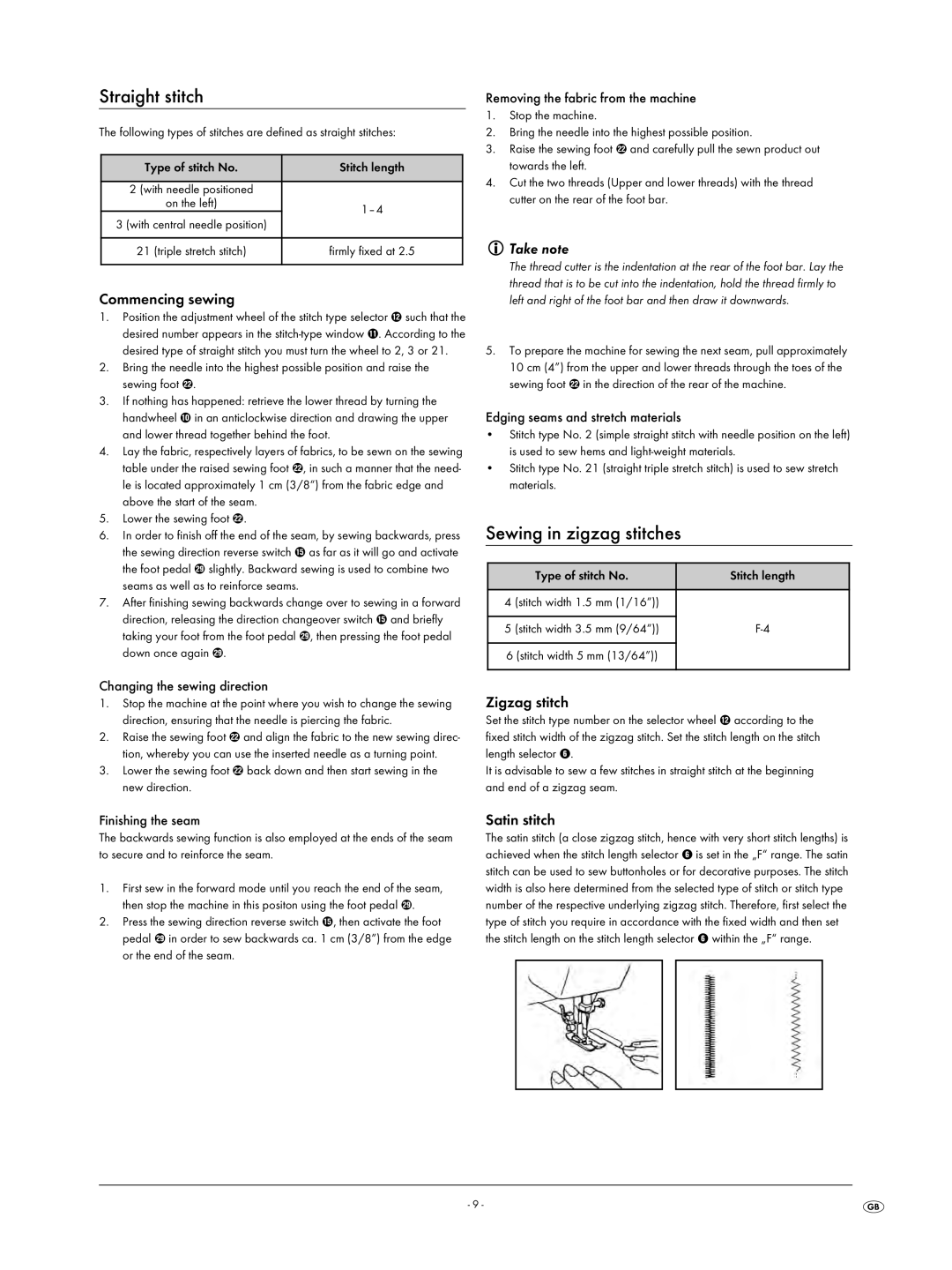 Kompernass KH 4001 manual Straight stitch, Sewing in zigzag stitches, Take note 