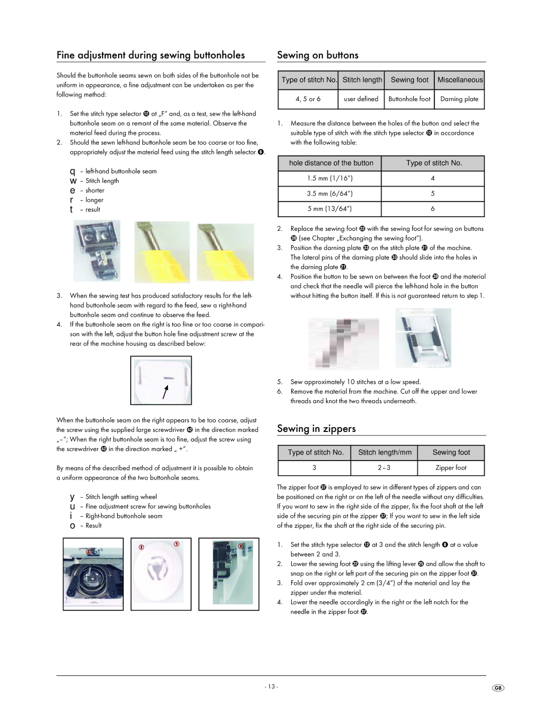 Kompernass KH 4001 manual Sewing on buttons, Sewing in zippers, Type of stitch No Stitch length Sewing foot, Result 