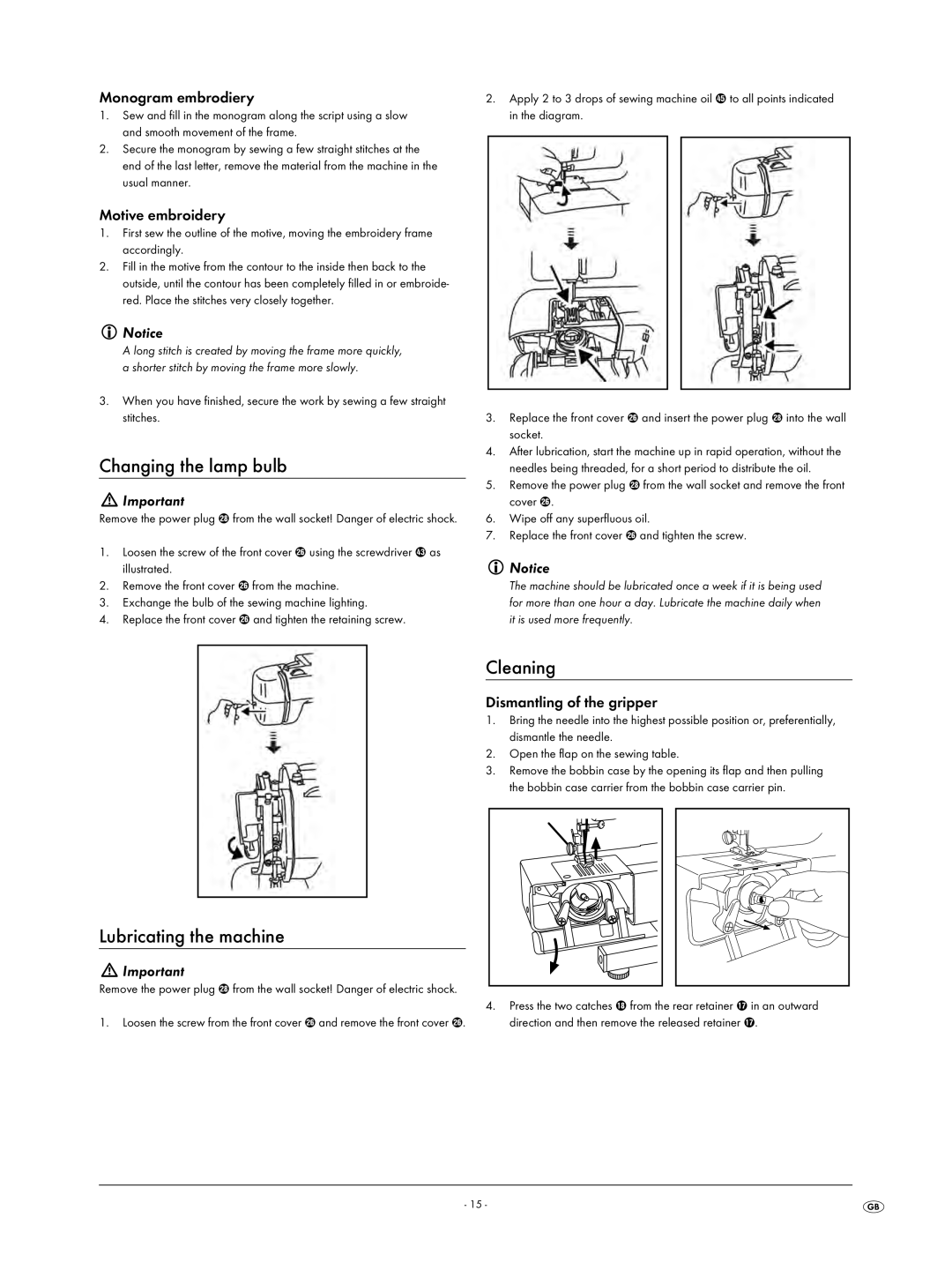 Kompernass KH 4001 manual Changing the lamp bulb, Lubricating the machine, Cleaning 