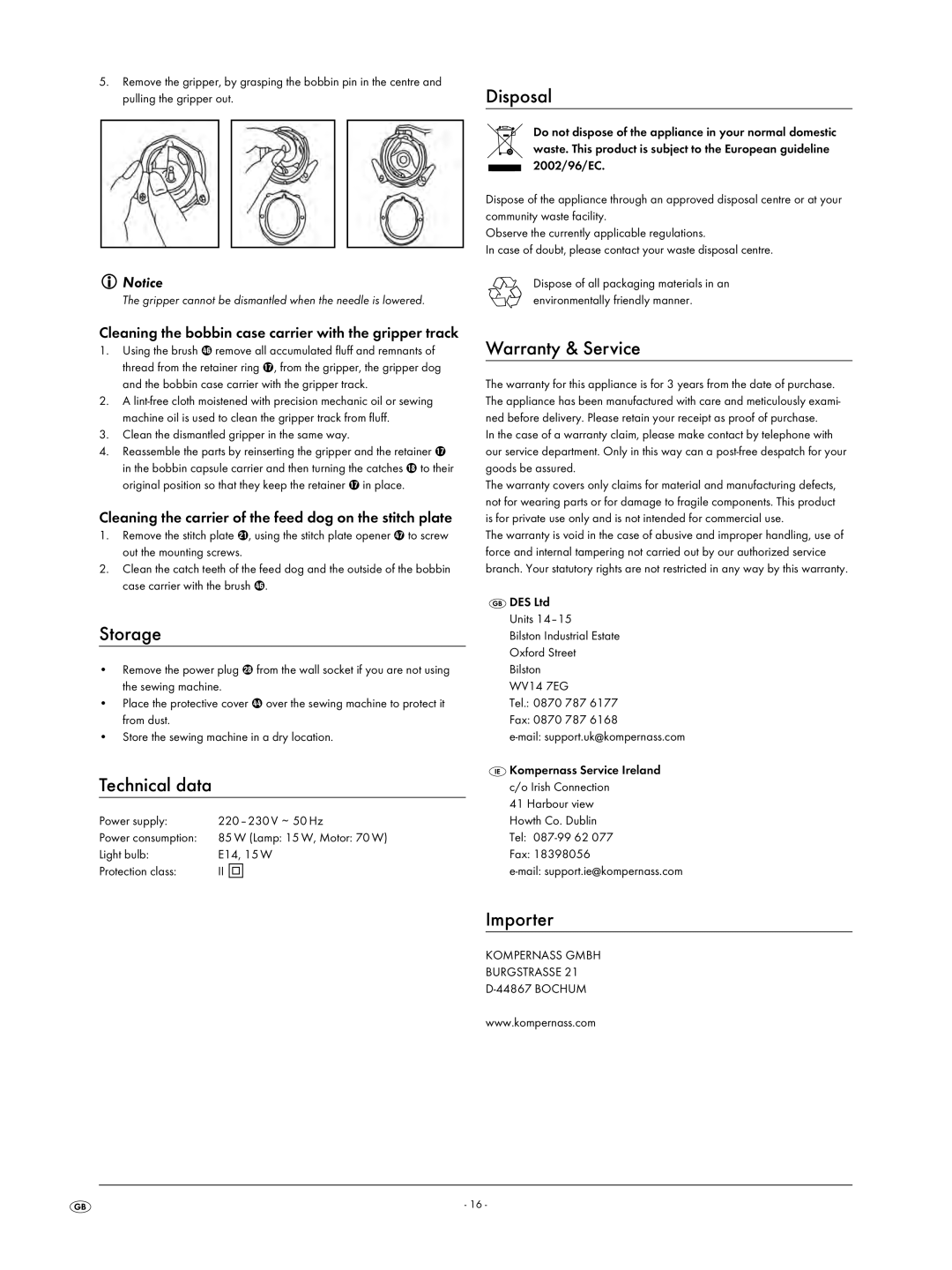 Kompernass KH 4001 manual Storage, Technical data, Disposal, Warranty & Service, Importer 