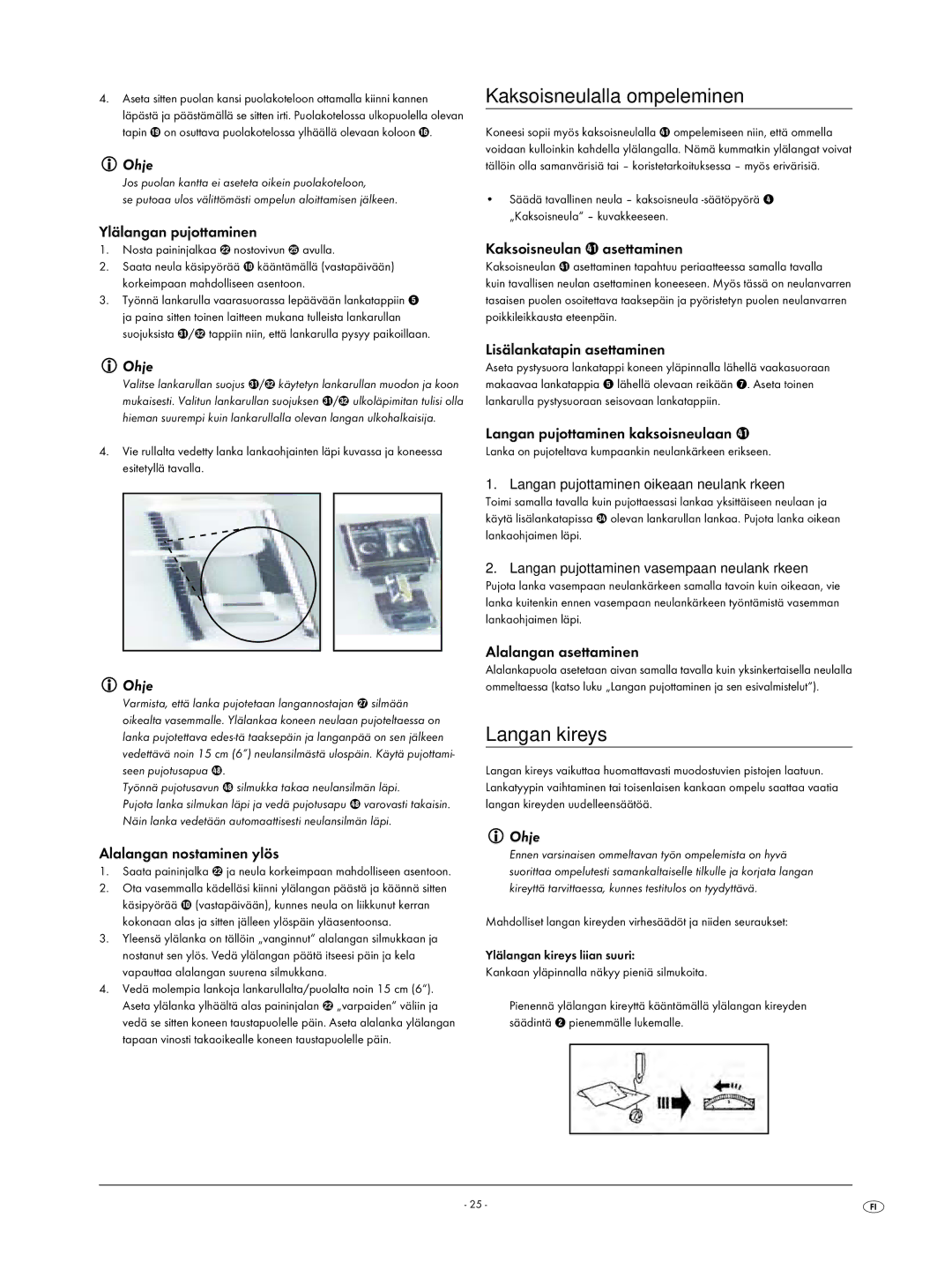 Kompernass KH 4001 manual Kaksoisneulalla ompeleminen, Langan kireys 