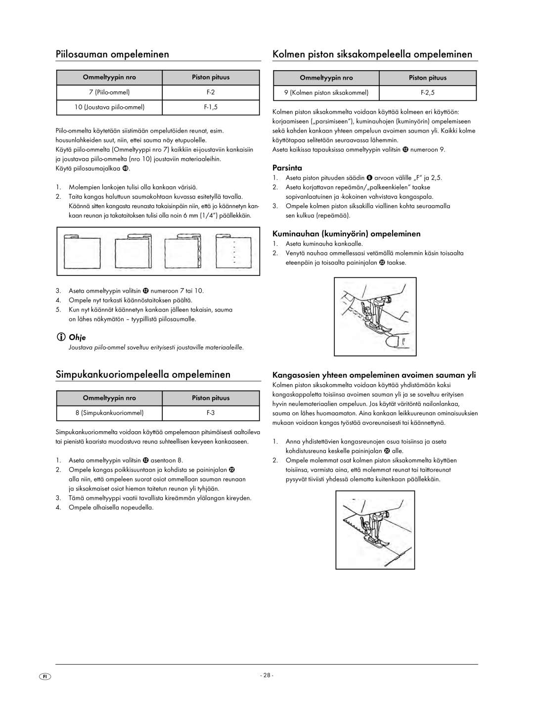 Kompernass KH 4001 manual Piilosauman ompeleminen, Simpukankuoriompeleella ompeleminen, Parsinta 