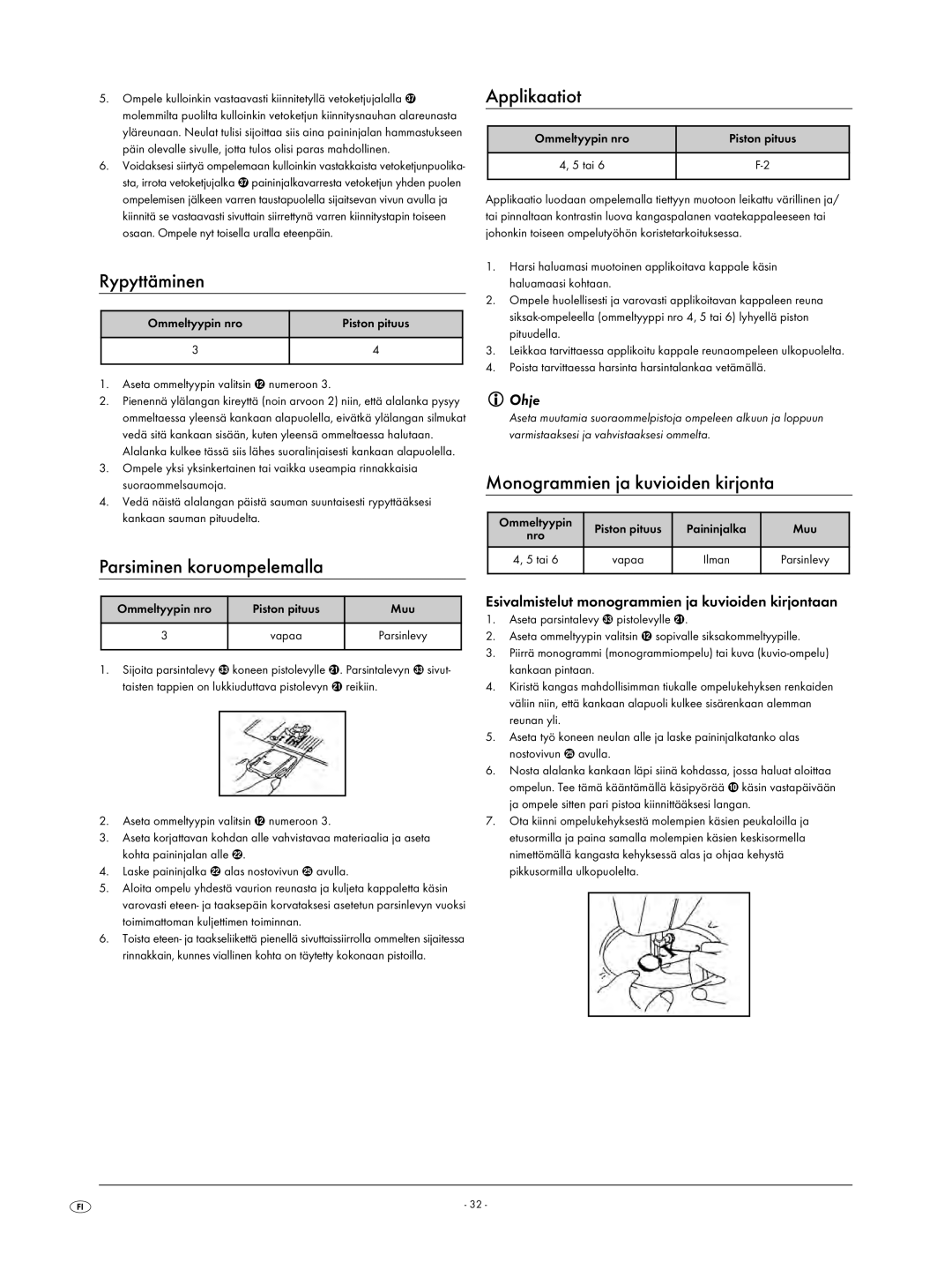 Kompernass KH 4001 manual Rypyttäminen, Parsiminen koruompelemalla, Applikaatiot, Monogrammien ja kuvioiden kirjonta 