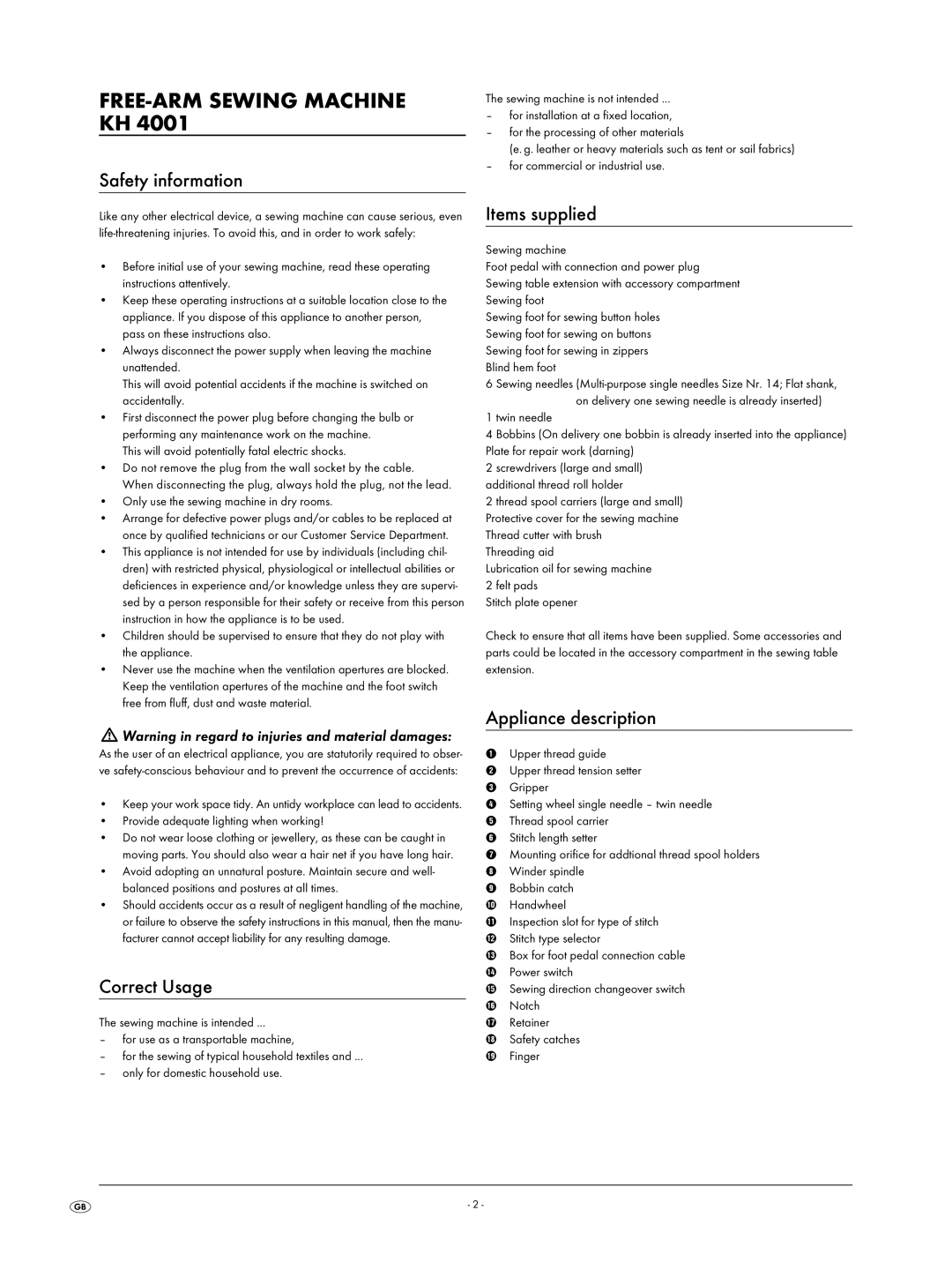 Kompernass KH 4001 FREE-ARM Sewing Machine KH, Safety information, Correct Usage, Items supplied, Appliance description 